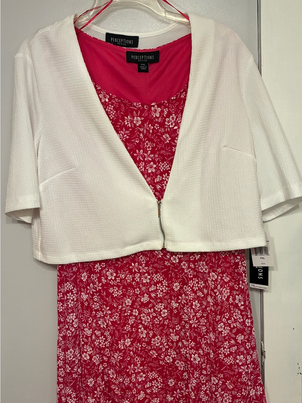 Perceptions White Cropped Jacket with Pink Floral dress.